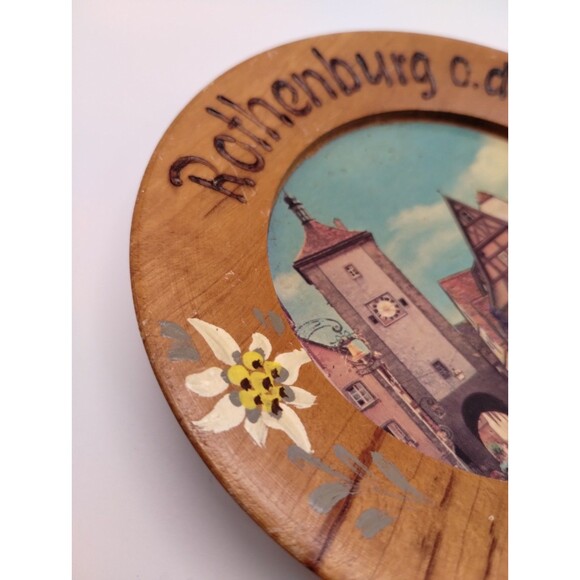 Rothenburg O D T Germany Plate Carved Painted Alpine Flowers Wood MCM - Picture 7 of 9